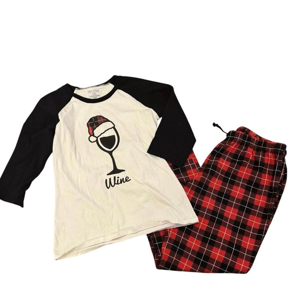 Holiday Fleece Christmas Wine Top Buffalo Plaid Bottom PJ Set Women's M EUC